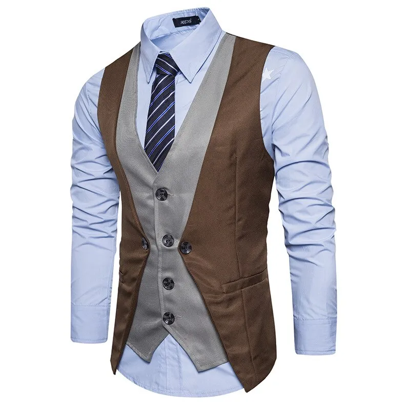 Men Formal Waistcoat Vest Business Solid Color Single Button Vest gilet Fake Two-pieces V Neck Casual S-lim chalecos para hombre
