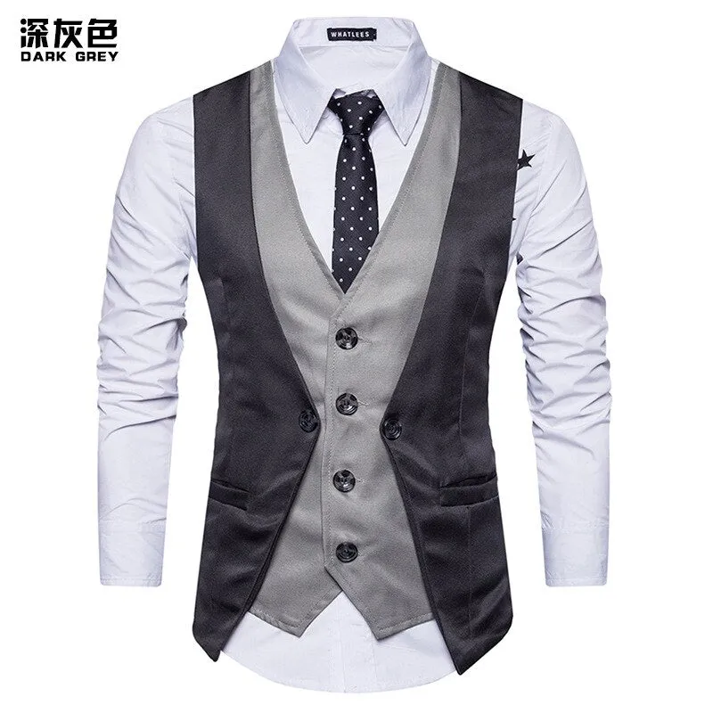 Men Formal Waistcoat Vest Business Solid Color Single Button Vest gilet Fake Two-pieces V Neck Casual S-lim chalecos para hombre