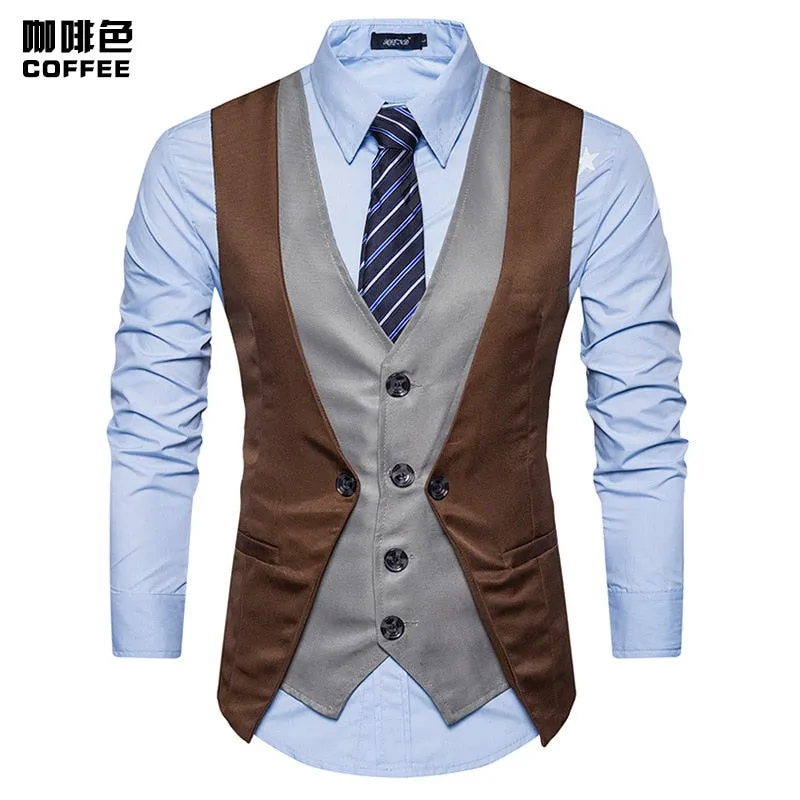 Men Formal Waistcoat Vest Business Solid Color Single Button Vest gilet Fake Two-pieces V Neck Casual S-lim chalecos para hombre