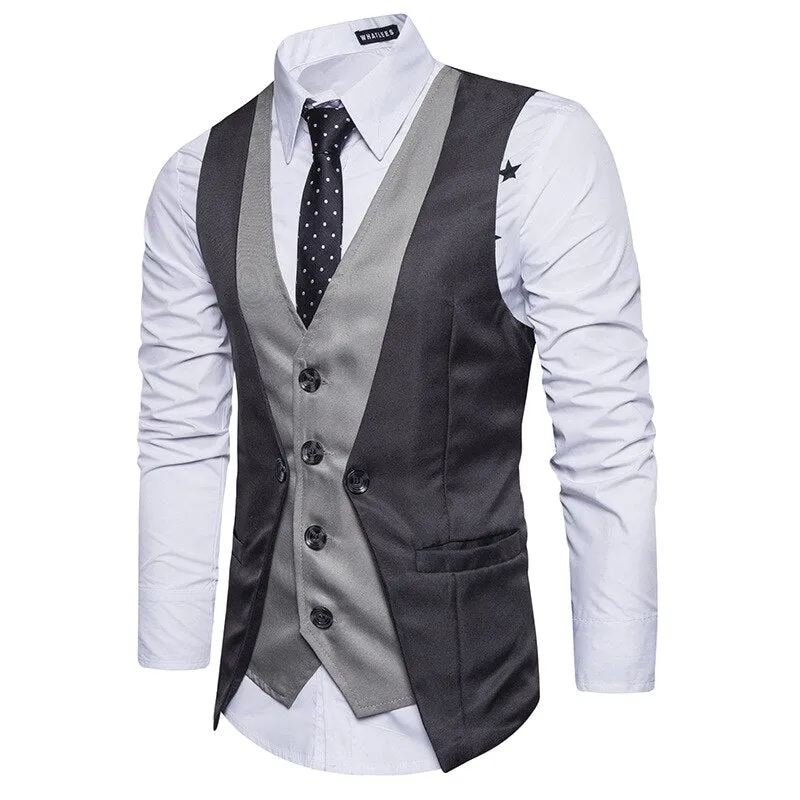 Men Formal Waistcoat Vest Business Solid Color Single Button Vest gilet Fake Two-pieces V Neck Casual S-lim chalecos para hombre