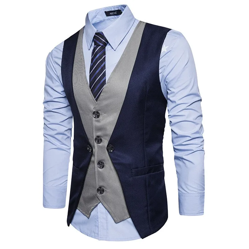 Men Formal Waistcoat Vest Business Solid Color Single Button Vest gilet Fake Two-pieces V Neck Casual S-lim chalecos para hombre
