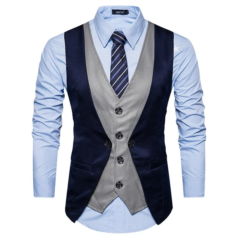 Men Formal Waistcoat Vest Business Solid Color Single Button Vest gilet Fake Two-pieces V Neck Casual S-lim chalecos para hombre