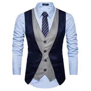 Men Formal Waistcoat Vest Business Solid Color Single Button Vest gilet Fake Two-pieces V Neck Casual S-lim chalecos para hombre