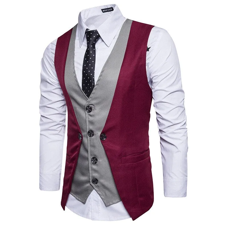 Men Formal Waistcoat Vest Business Solid Color Single Button Vest gilet Fake Two-pieces V Neck Casual S-lim chalecos para hombre