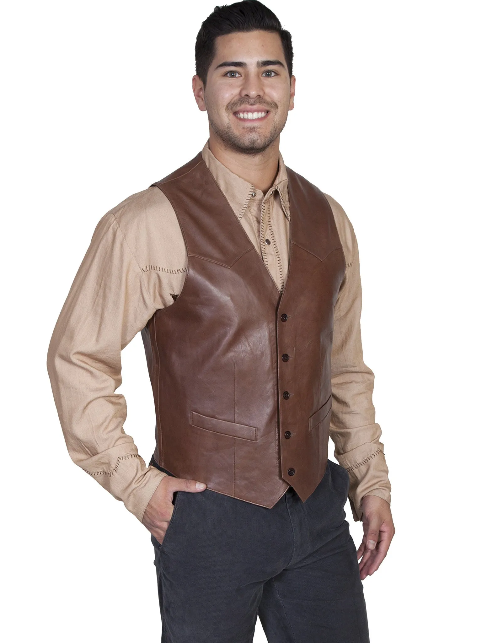 Men's Leather Vest Collection: Scully Western Lambskin, Buttons, Chocolate