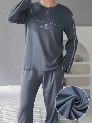 Men's Simple Style Cotton Casual Pajamas Sets, Letter Graphic Print Long Sleeve Crew Neck Top & Loose Pants Lounge Wear, Outdoor Sets For Spring Autumn