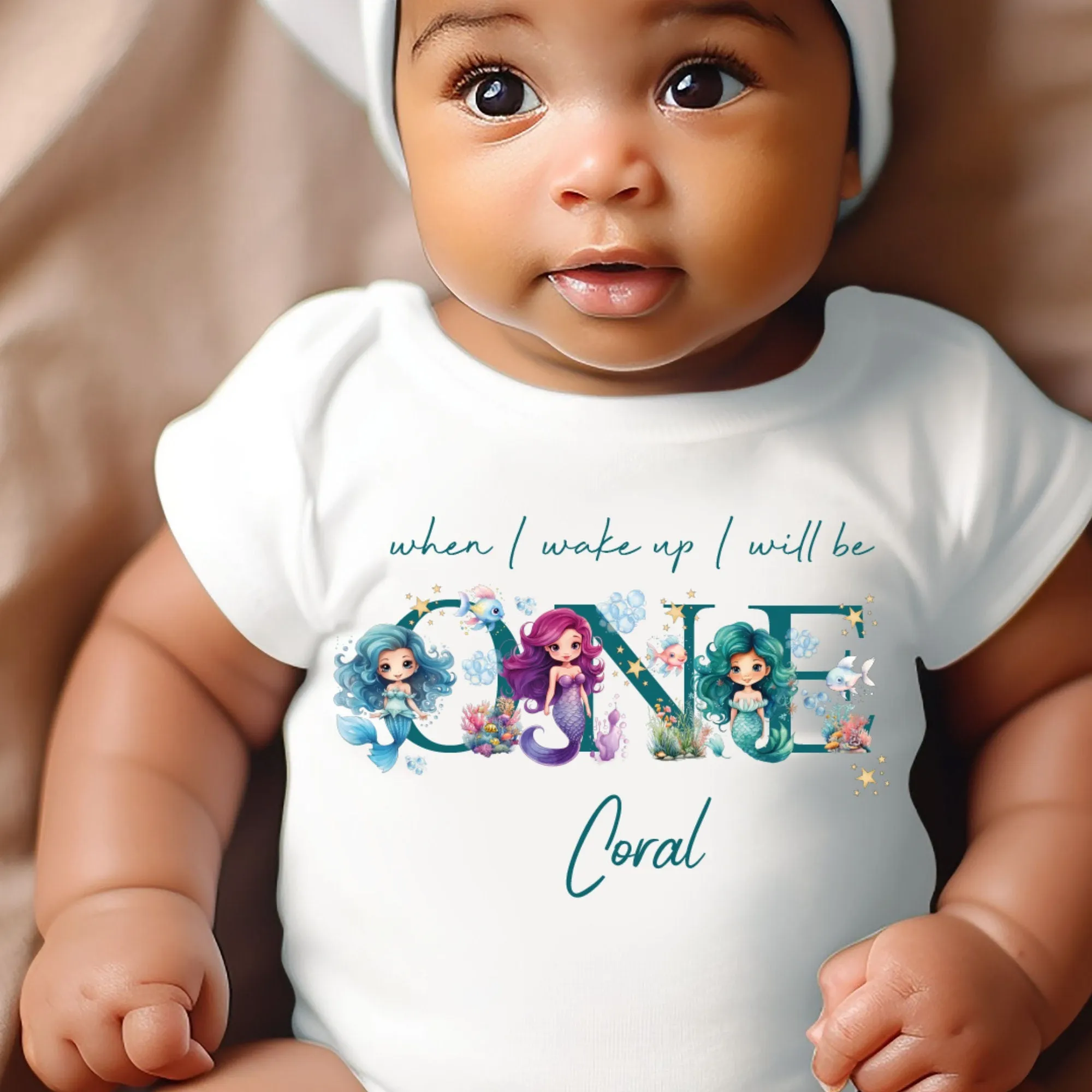 Mermaid Birthday sleepsuit, Baby Girl Birthday vest, When I wake up I’ll be One, Magical One, pastel Mermaids, Ocean birthday outfit girl