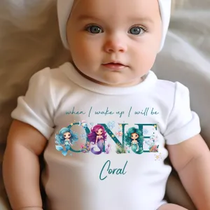 Mermaid Birthday sleepsuit, Baby Girl Birthday vest, When I wake up I’ll be One, Magical One, pastel Mermaids, Ocean birthday outfit girl