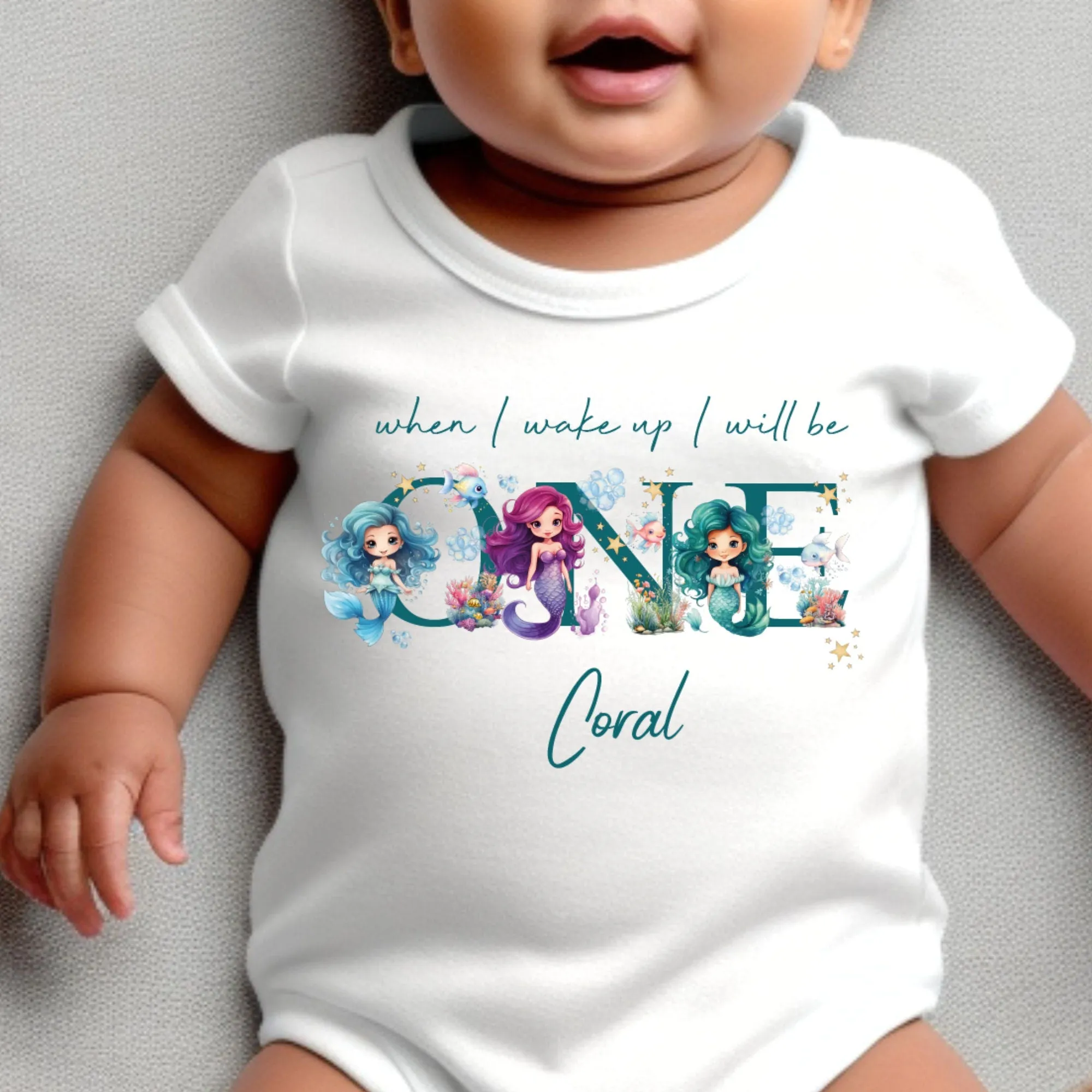 Mermaid Birthday sleepsuit, Baby Girl Birthday vest, When I wake up I’ll be One, Magical One, pastel Mermaids, Ocean birthday outfit girl