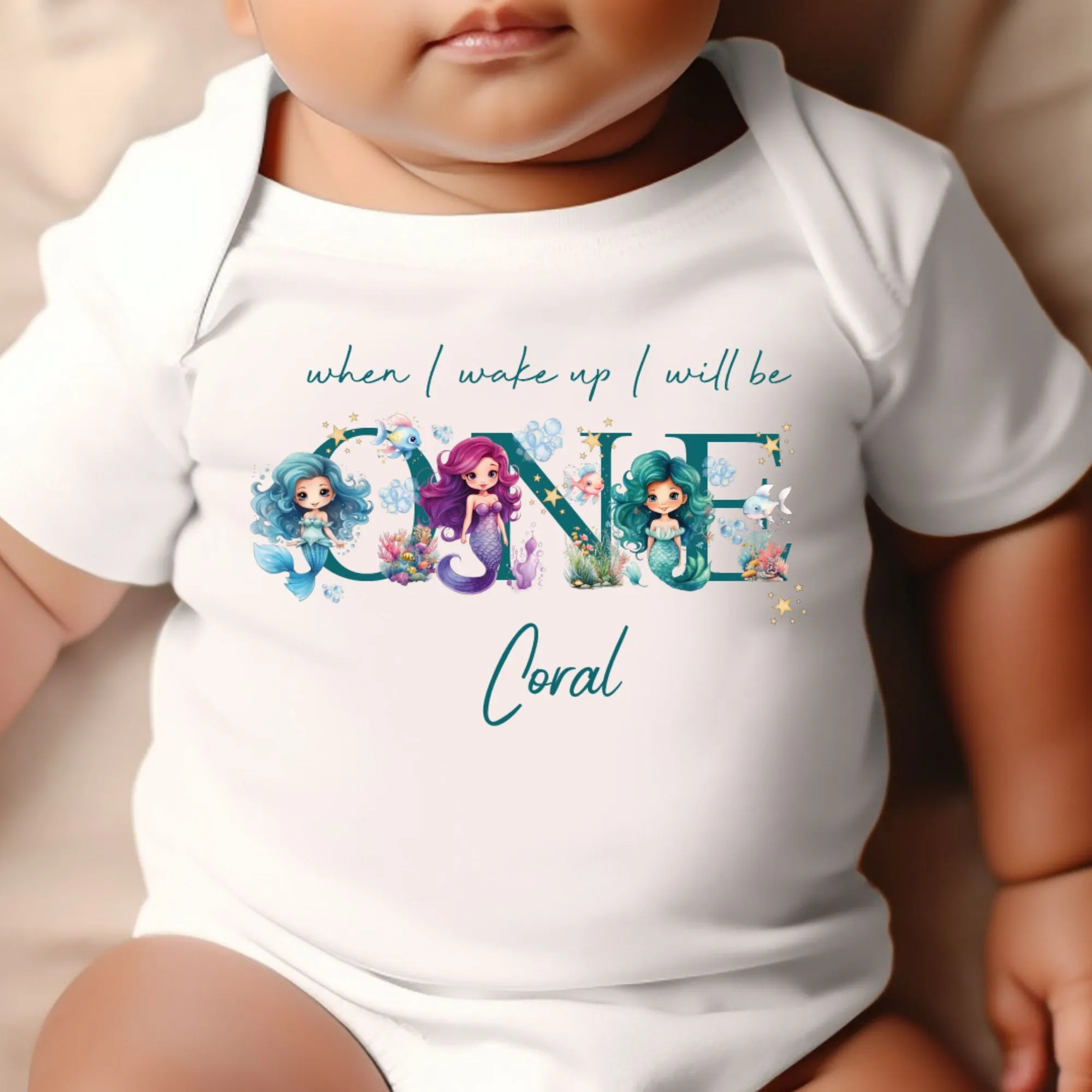 Mermaid Birthday sleepsuit, Baby Girl Birthday vest, When I wake up I’ll be One, Magical One, pastel Mermaids, Ocean birthday outfit girl