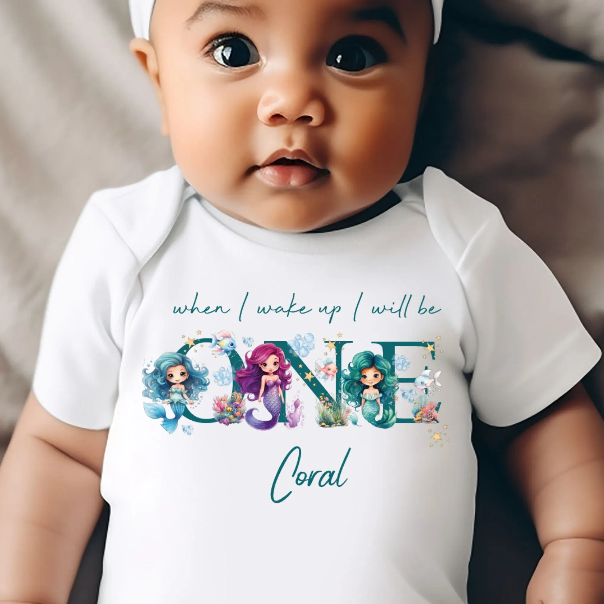 Mermaid Birthday sleepsuit, Baby Girl Birthday vest, When I wake up I’ll be One, Magical One, pastel Mermaids, Ocean birthday outfit girl