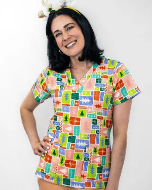 'Merry Mosaic' Women's Christmas Patterned Scrub Top