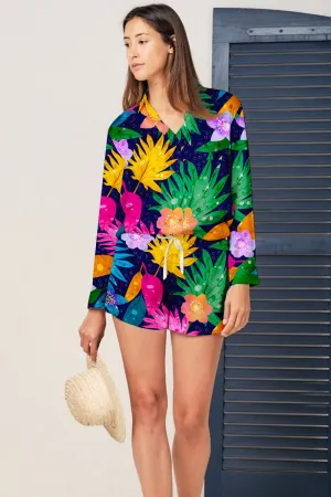 Midnight Tropics – Bold Floral Jungle Print Satin Pajama Set
