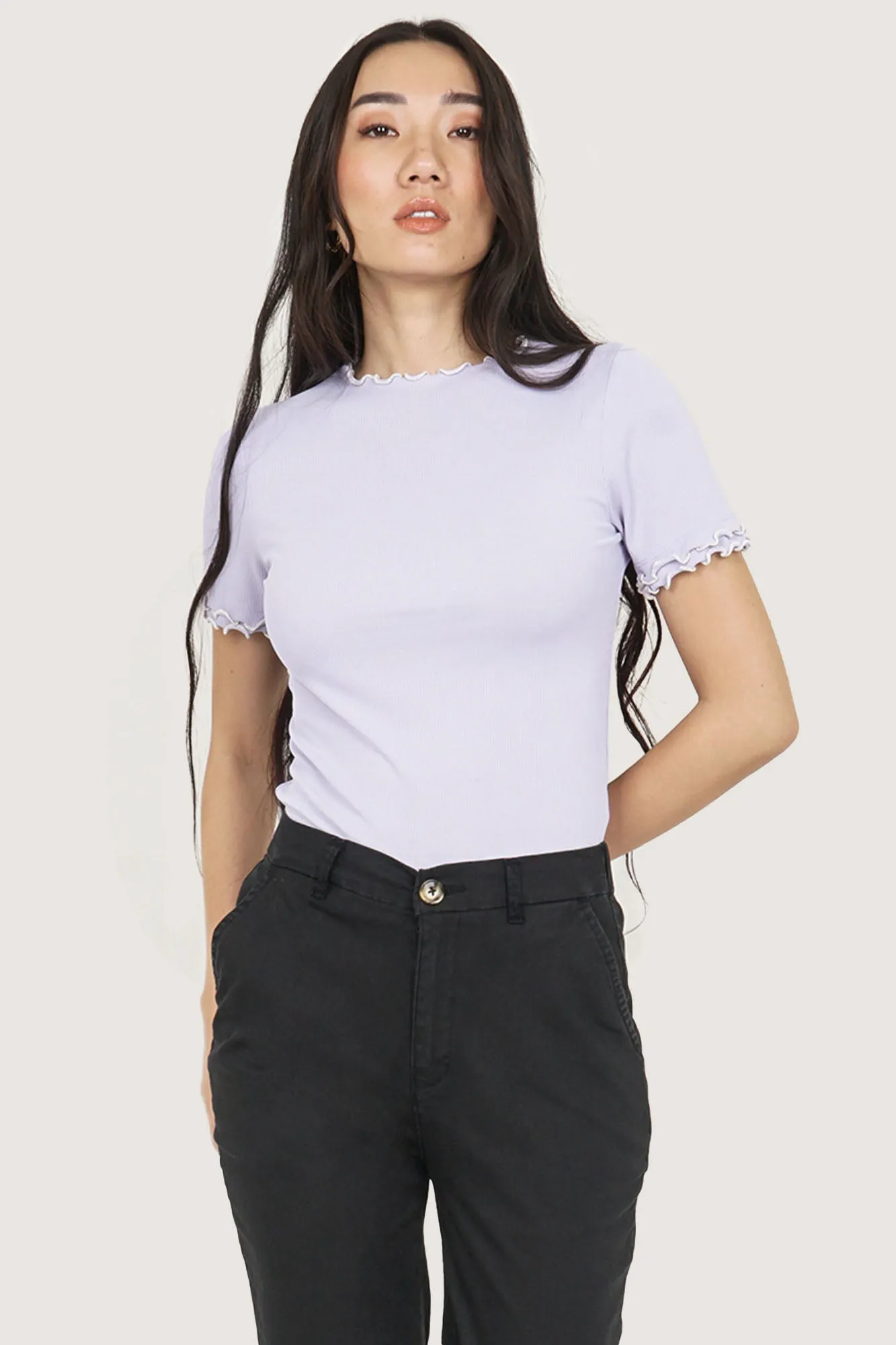 Mock Neck Tee with Double Contrast Lettuce Trim