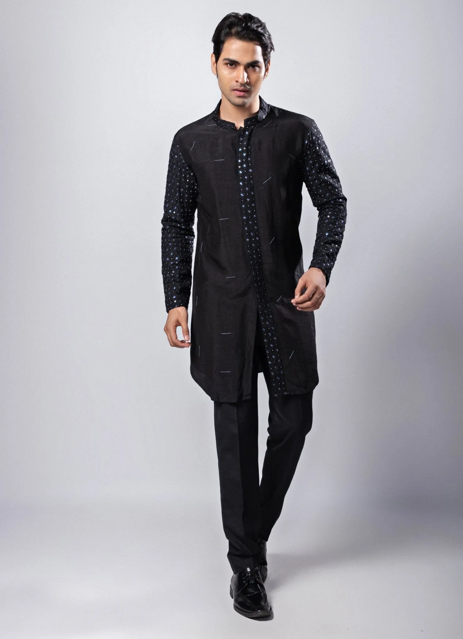Navy Blue And Black Embroidered Nehru Jacket With Kurta Set