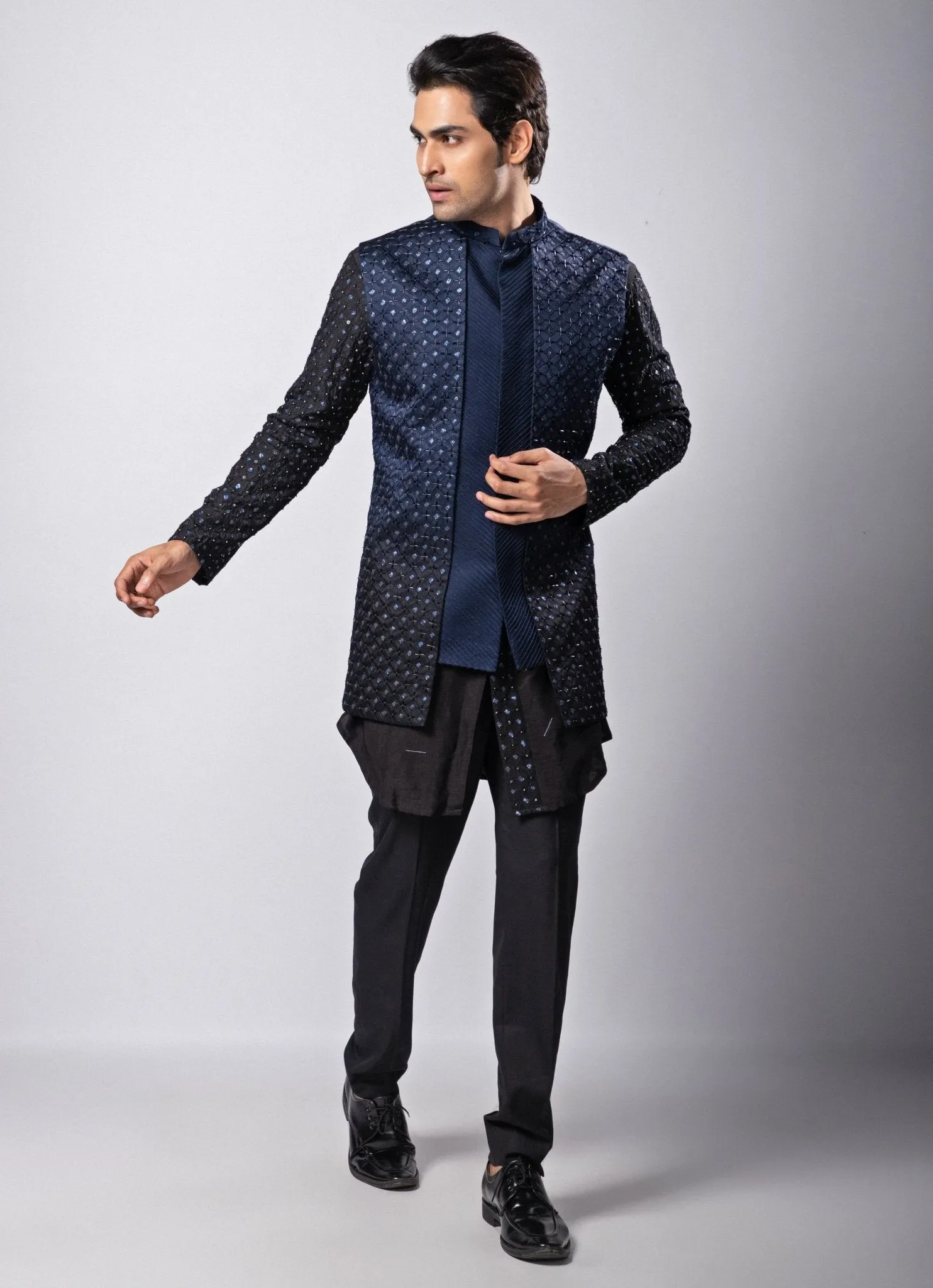 Navy Blue And Black Embroidered Nehru Jacket With Kurta Set