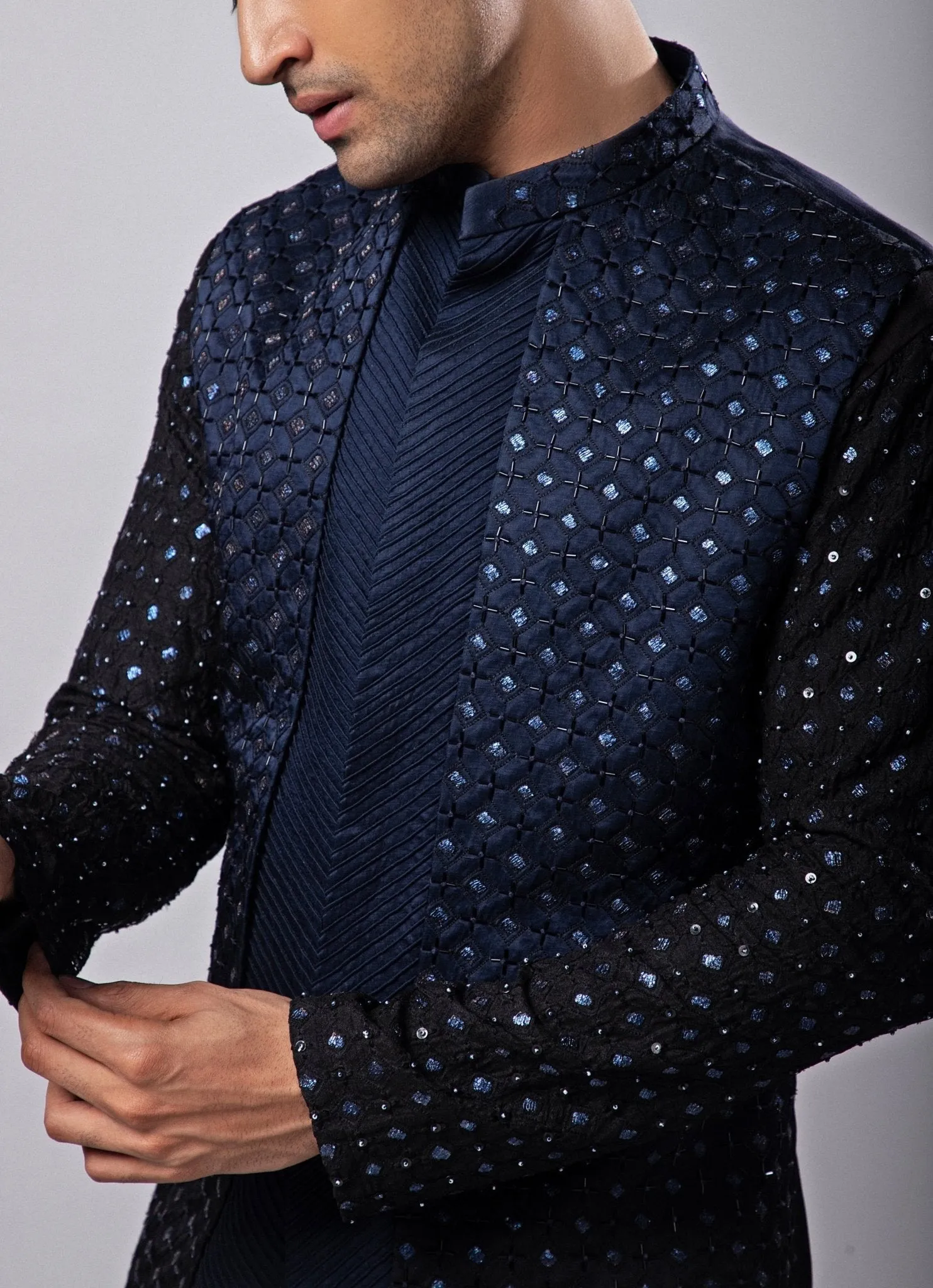 Navy Blue And Black Embroidered Nehru Jacket With Kurta Set