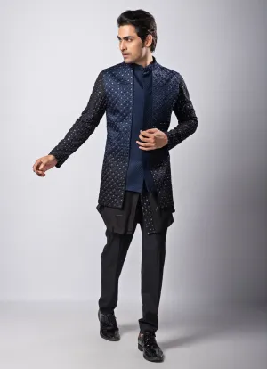 Navy Blue And Black Embroidered Nehru Jacket With Kurta Set