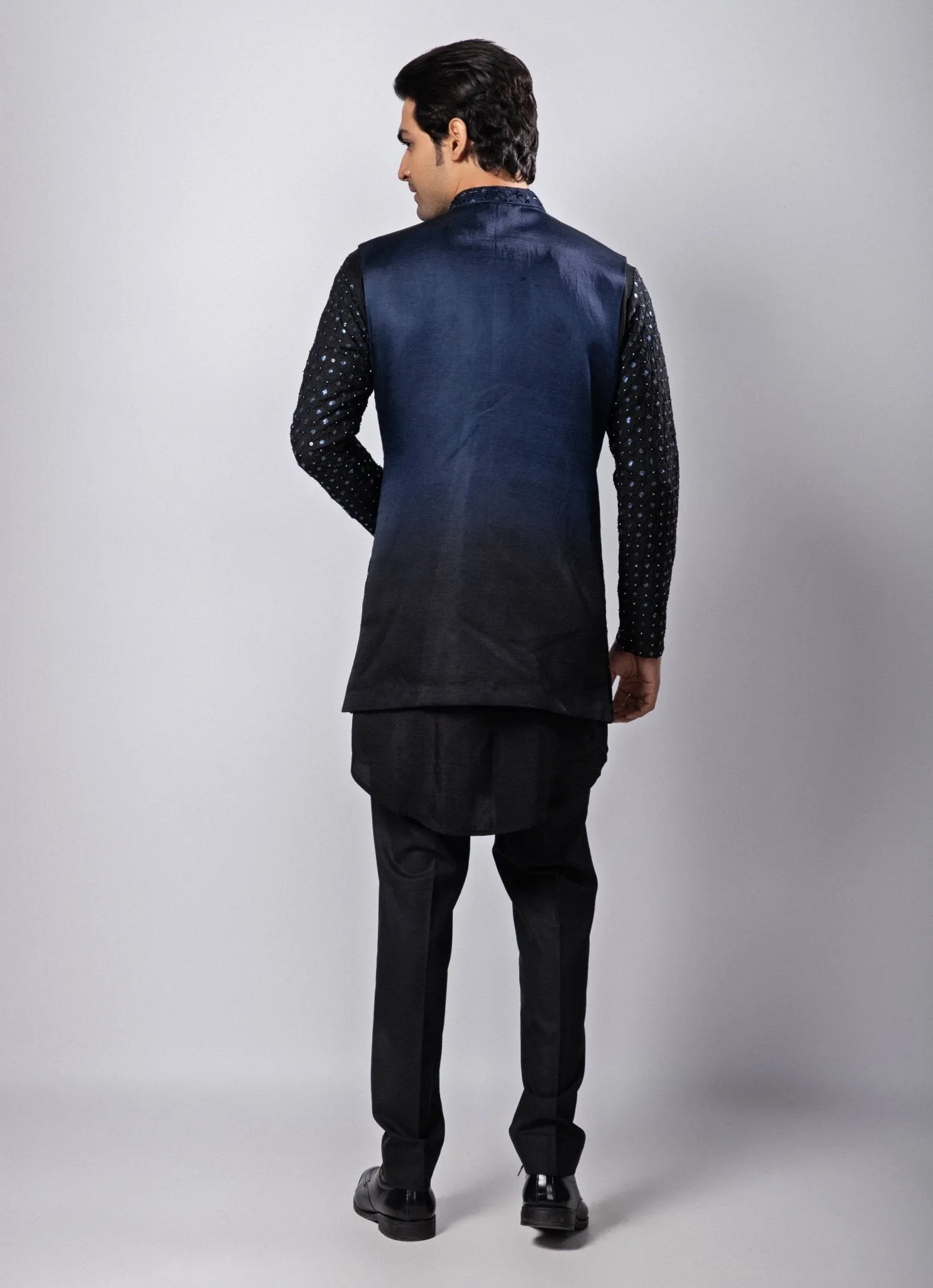 Navy Blue And Black Embroidered Nehru Jacket With Kurta Set