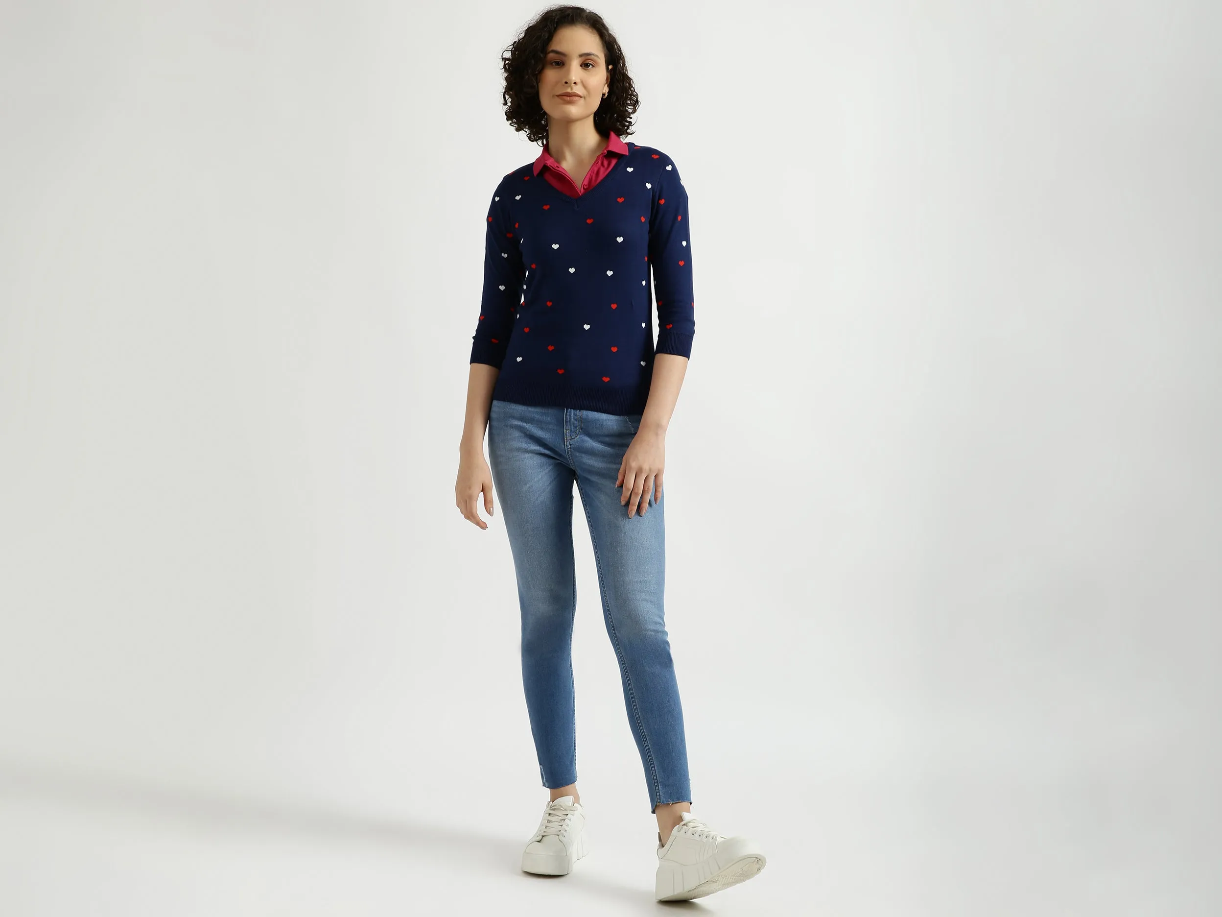 Navy Blue V-Neck Printed Sweater