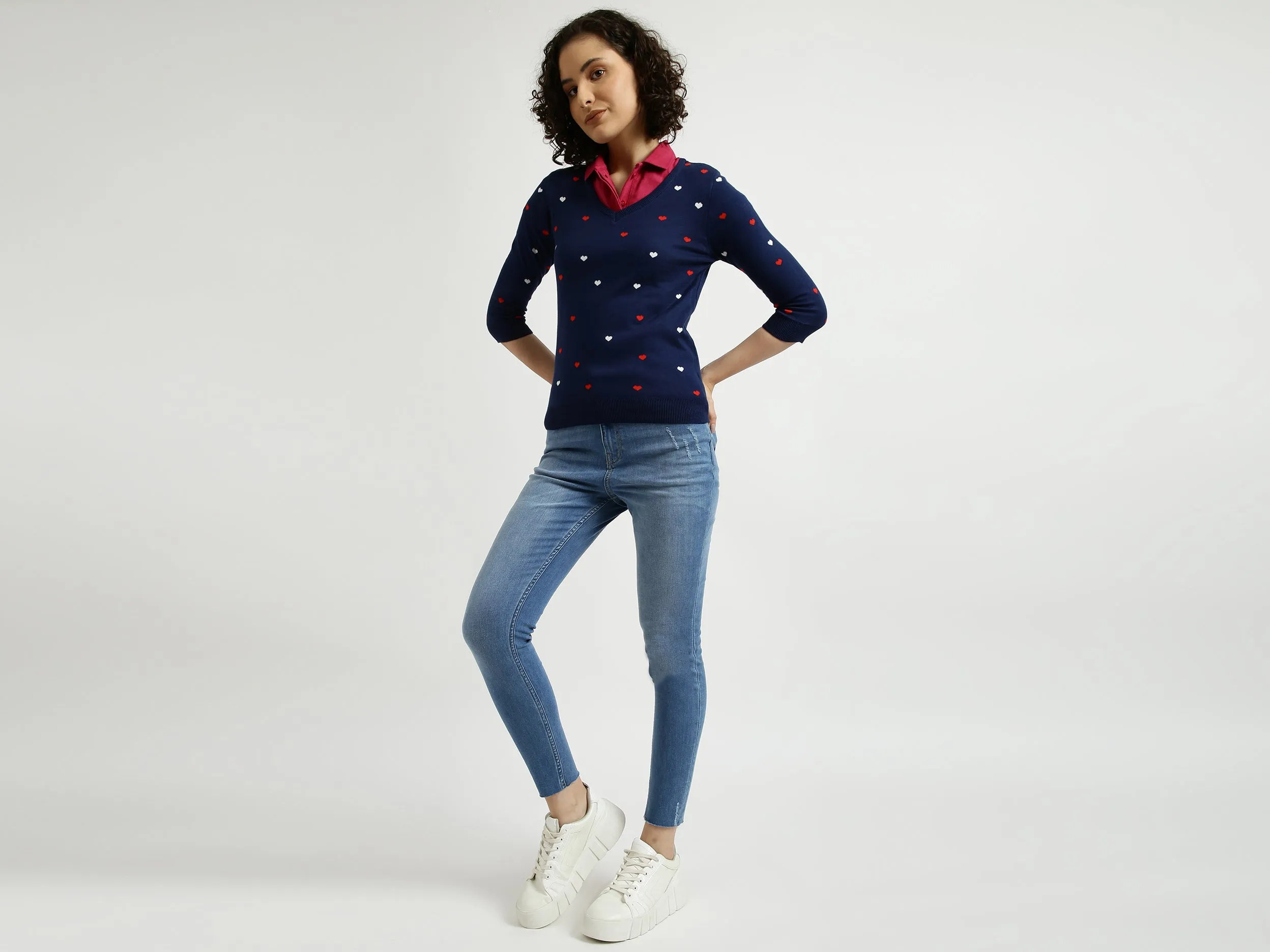 Navy Blue V-Neck Printed Sweater
