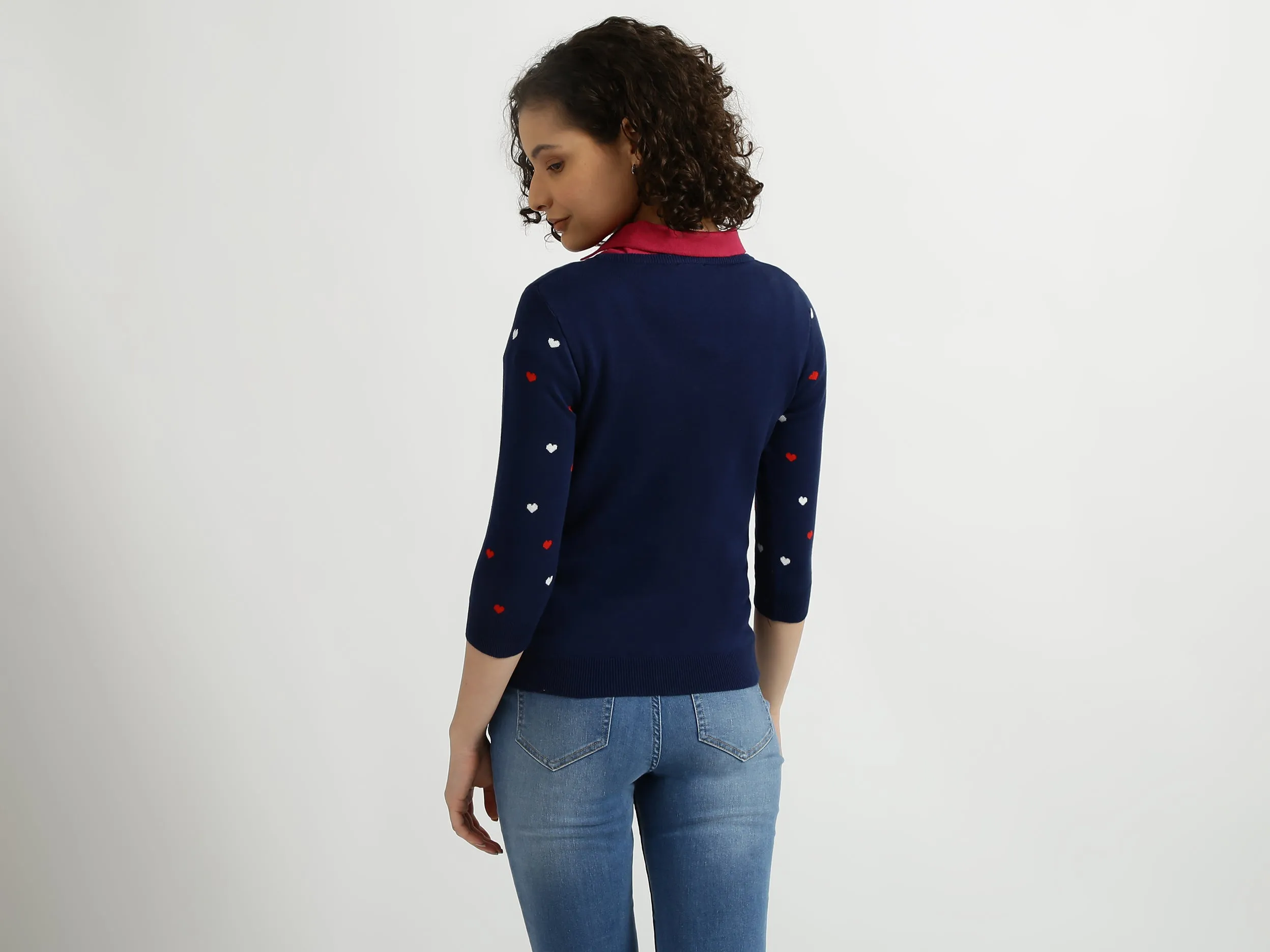 Navy Blue V-Neck Printed Sweater