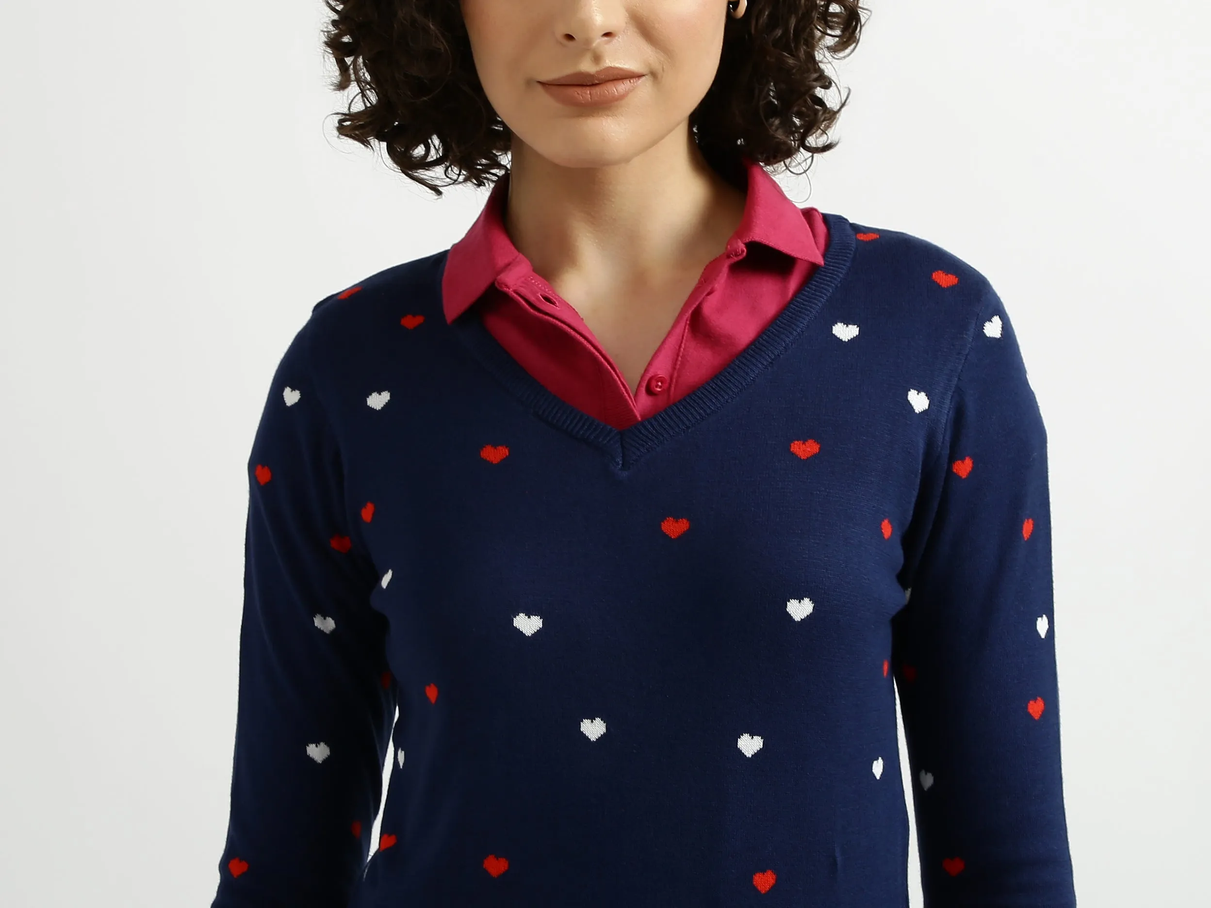 Navy Blue V-Neck Printed Sweater