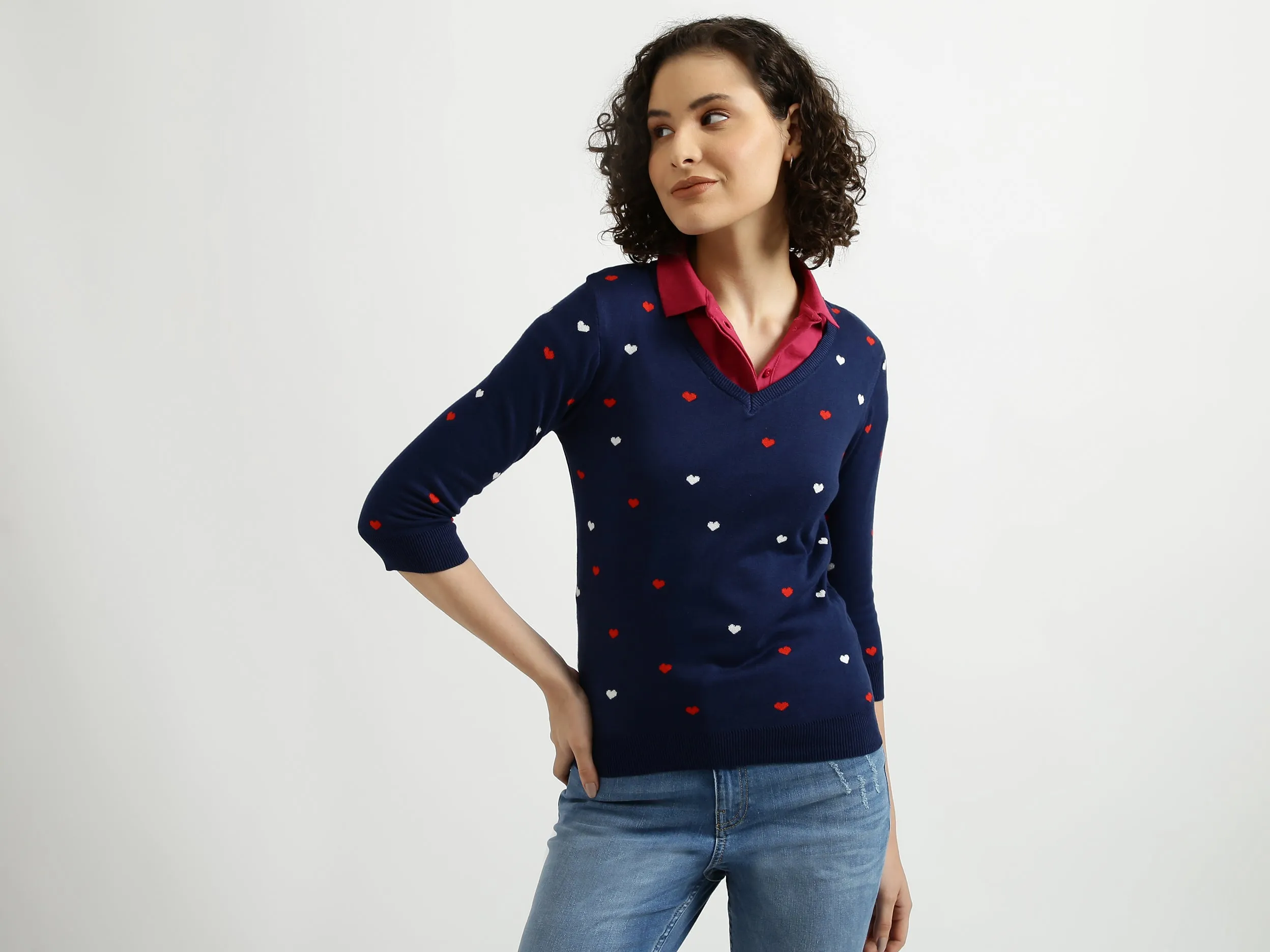 Navy Blue V-Neck Printed Sweater