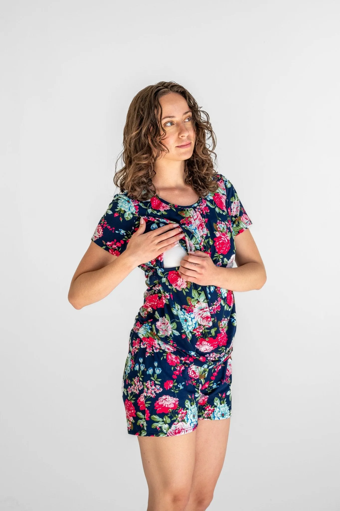 Navy Floral Shorts Maternity Nursing PJ