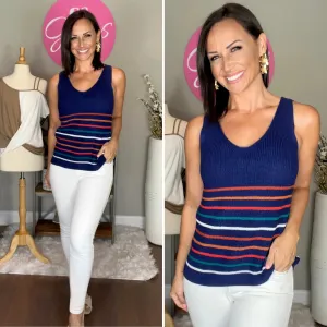 Navy Multicolor Stripes Black Knit Tank Top