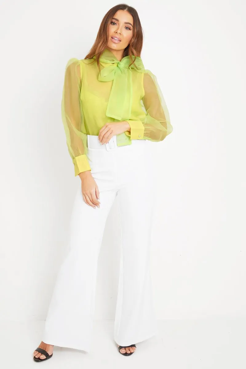 Neon Yellow Mesh Balloon Sleeve Blouse - Elvina