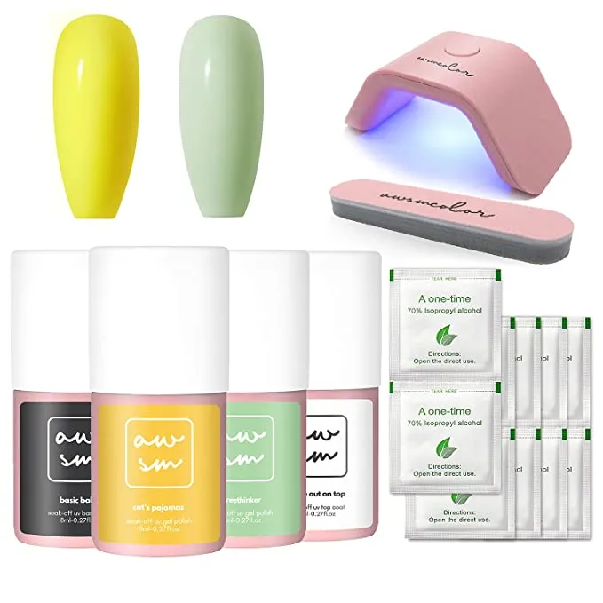 New AwsmColor Spring Fever Starter Gel Nail Polish Kit with Base Coat, Top Coat, UV Lamp, Clean Up Packs, Nail File & 2 Gel Polish in colours Cat's Pajamas & Freethinker