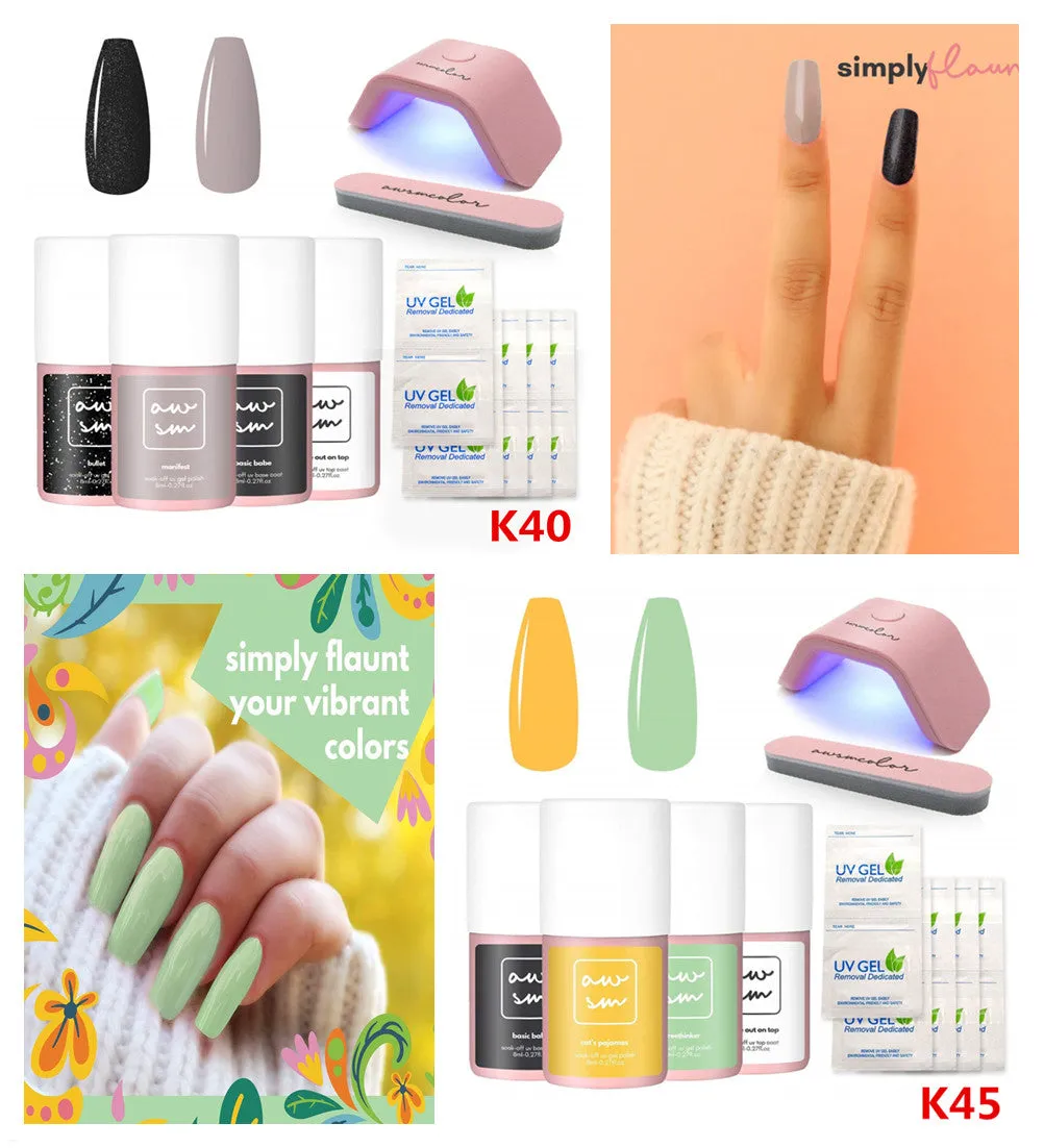 New AwsmColor Spring Fever Starter Gel Nail Polish Kit with Base Coat, Top Coat, UV Lamp, Clean Up Packs, Nail File & 2 Gel Polish in colours Cat's Pajamas & Freethinker