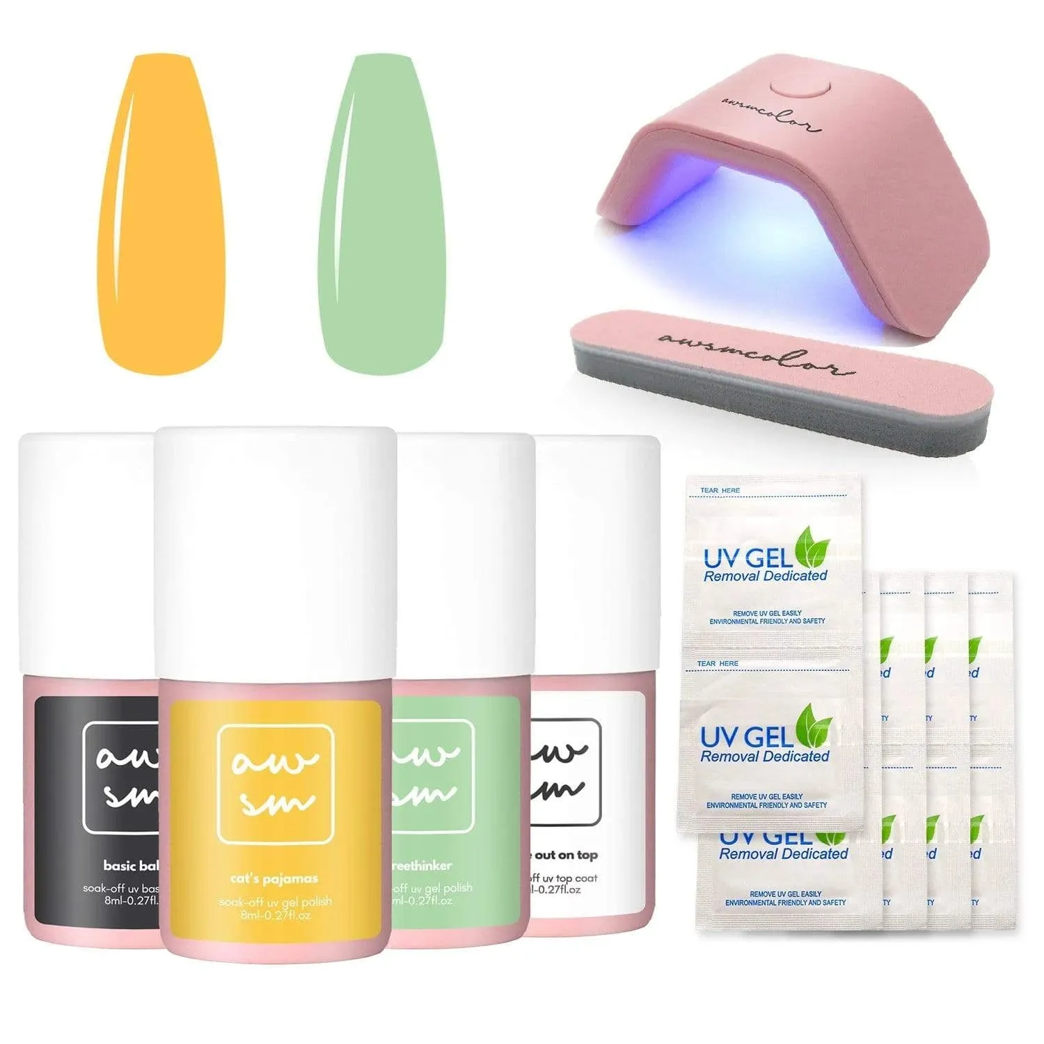 New AwsmColor Spring Fever Starter Gel Nail Polish Kit with Base Coat, Top Coat, UV Lamp, Clean Up Packs, Nail File & 2 Gel Polish in colours Cat's Pajamas & Freethinker