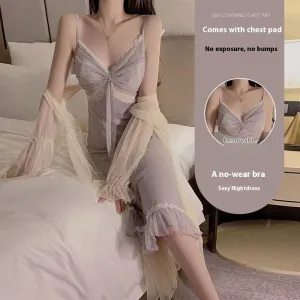 New Long Ice Silk Pajamas With Chest Pad