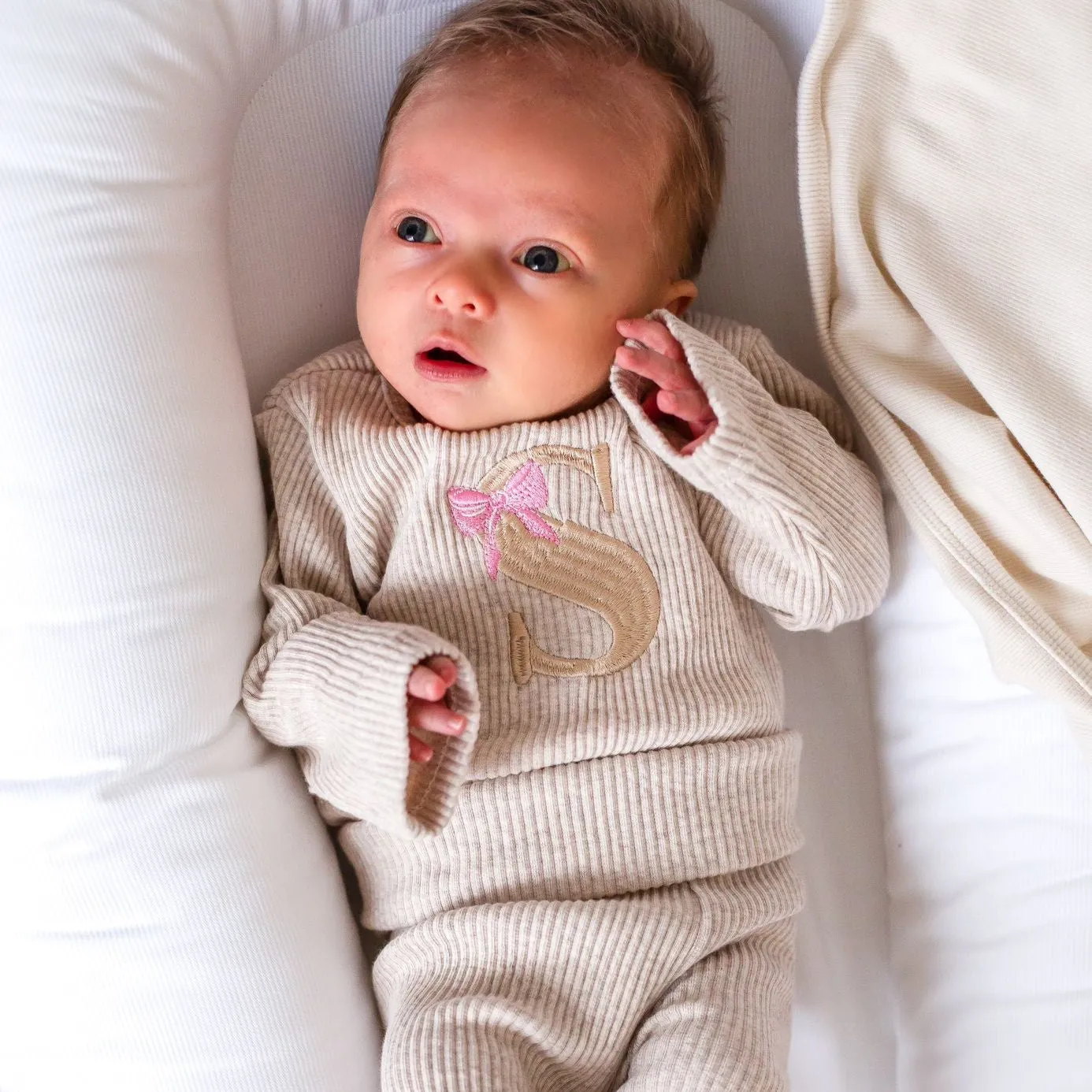 Oatmeal Bow Initial Ribbed Set - Embroidered