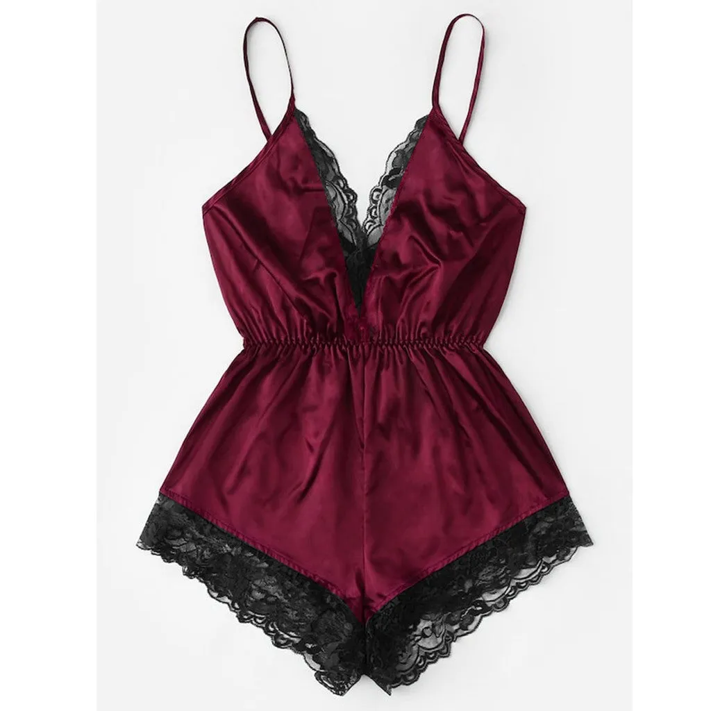 Obsidian Phoenix Women's Luxury V-Neck Lace Patchwork One-Piece Pajamas