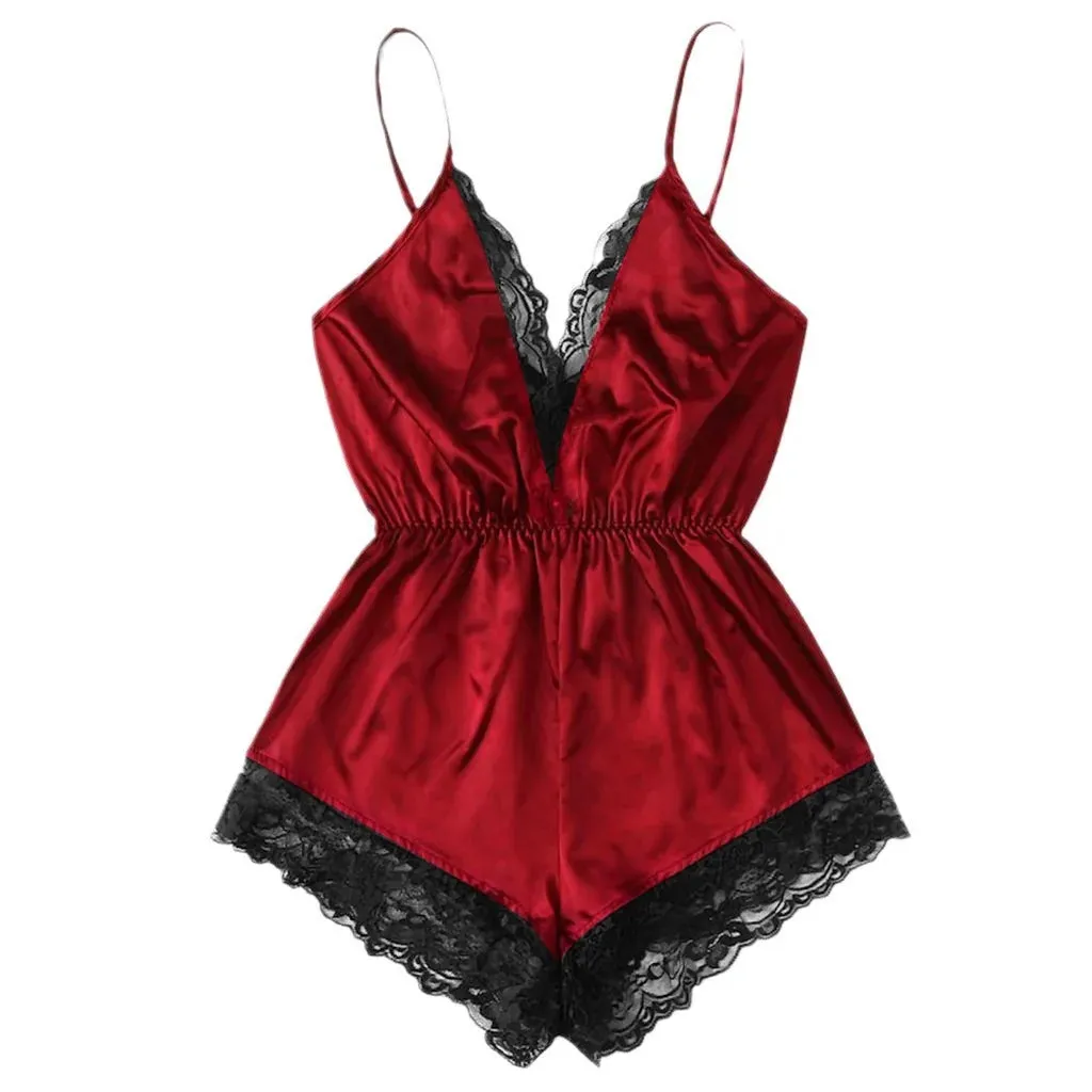 Obsidian Phoenix Women's Luxury V-Neck Lace Patchwork One-Piece Pajamas