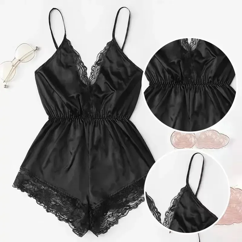 Obsidian Phoenix Women's Luxury V-Neck Lace Patchwork One-Piece Pajamas