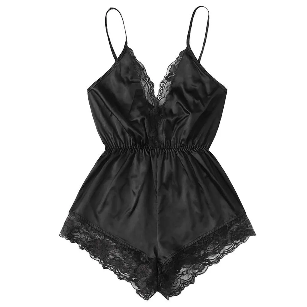 Obsidian Phoenix Women's Luxury V-Neck Lace Patchwork One-Piece Pajamas