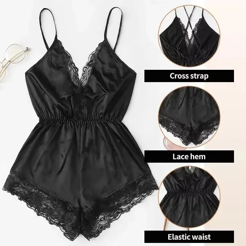 Obsidian Phoenix Women's Luxury V-Neck Lace Patchwork One-Piece Pajamas