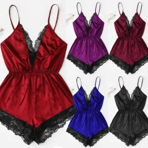 Obsidian Phoenix Women's Luxury V-Neck Lace Patchwork One-Piece Pajamas