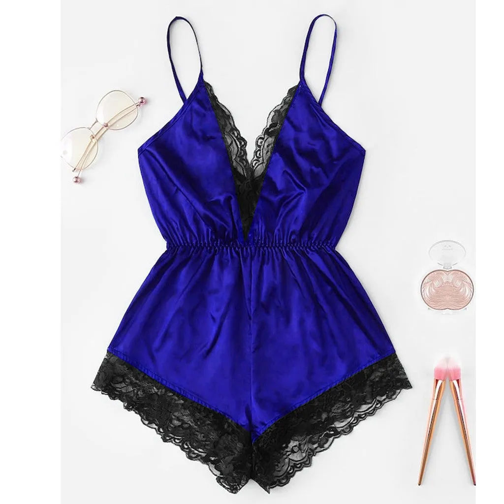 Obsidian Phoenix Women's Luxury V-Neck Lace Patchwork One-Piece Pajamas