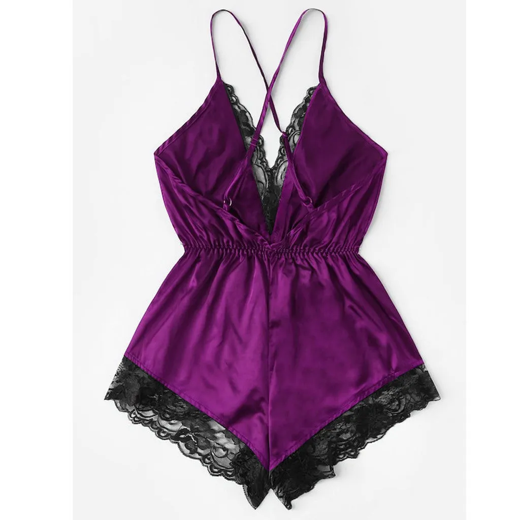 Obsidian Phoenix Women's Luxury V-Neck Lace Patchwork One-Piece Pajamas
