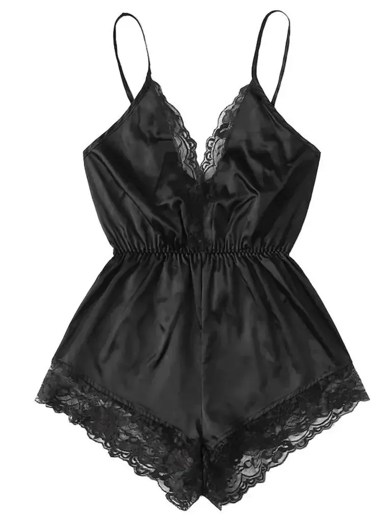 Obsidian Phoenix Women's Luxury V-Neck Lace Patchwork One-Piece Pajamas