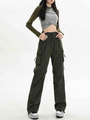 Olive Elasticated Waistband Parachute Trousers