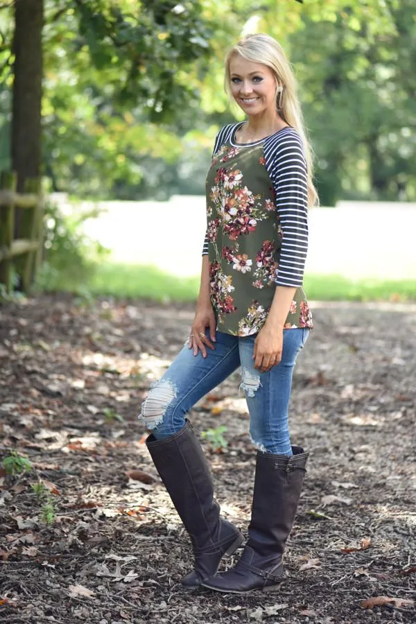 Olive Floral Top w/Striped Sleeves