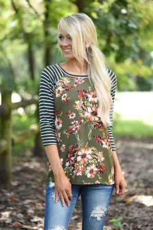 Olive Floral Top w/Striped Sleeves