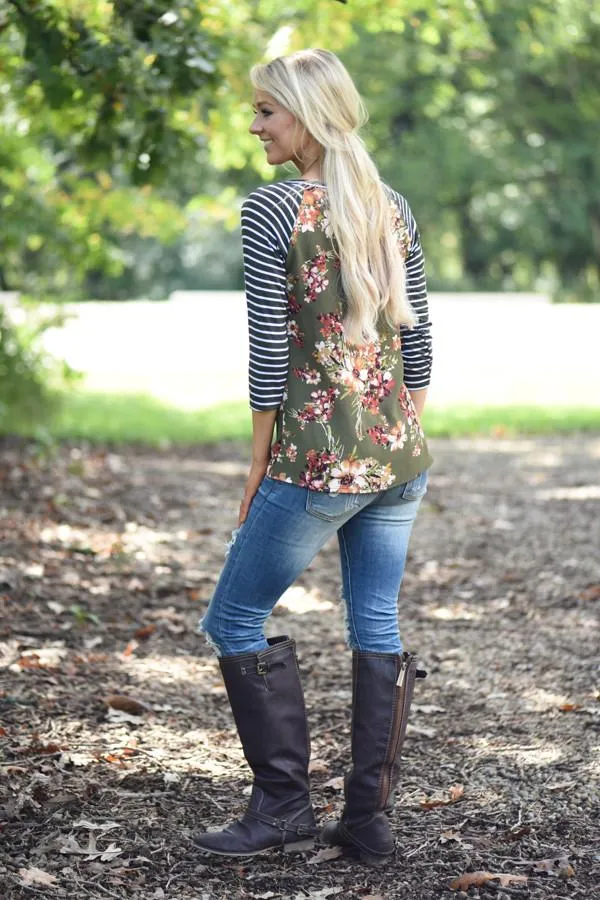 Olive Floral Top w/Striped Sleeves