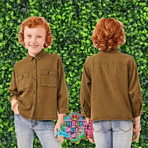 Olive Green Button Up Top - Youth